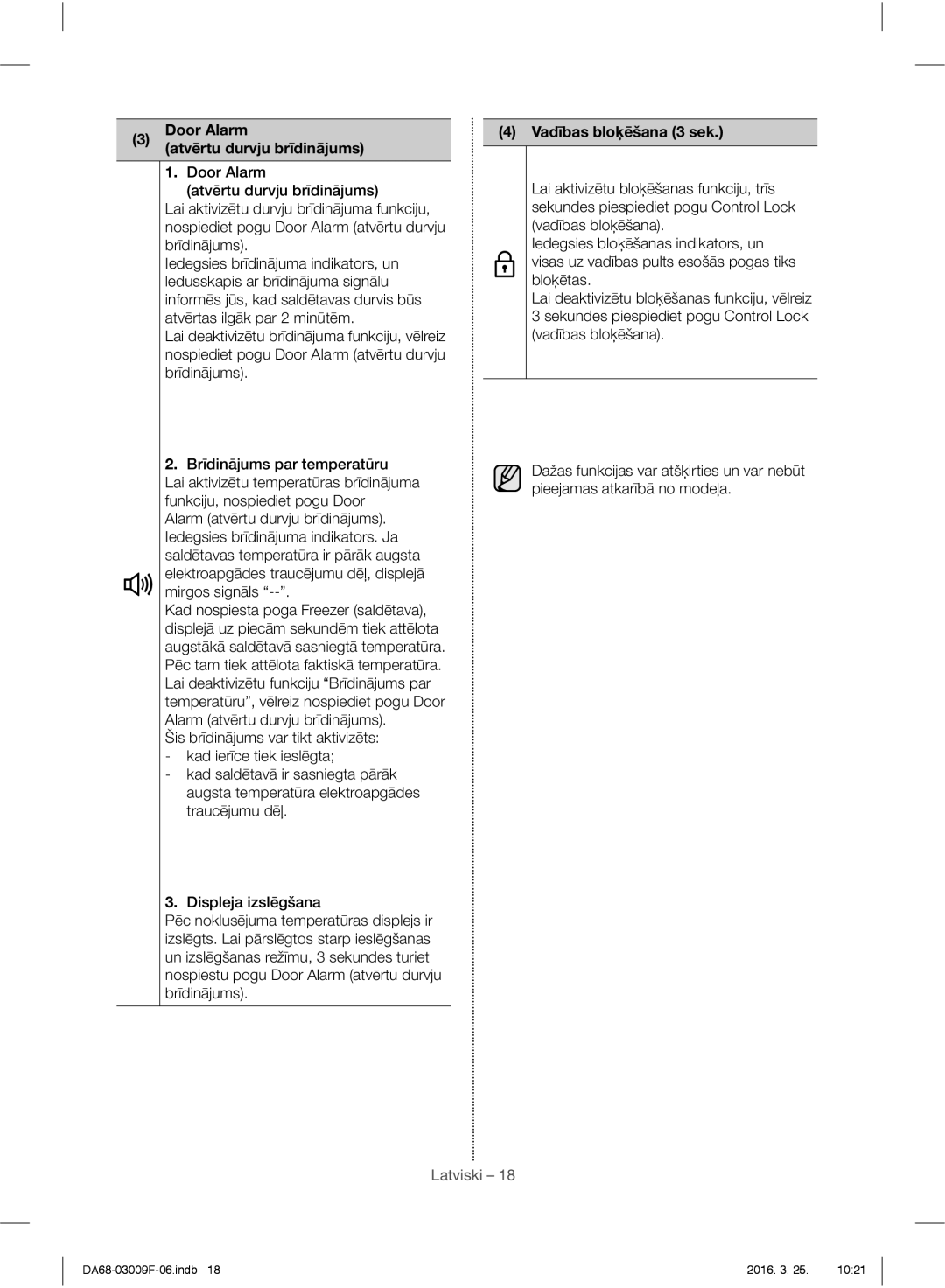 Samsung RZ28H6150SS/EO, RZ28H6165SS/EO, RZ28H6165SS/WS manual Door Alarm Atvērtu durvju brīdinājums, Vadības bloķēšana 3 sek 