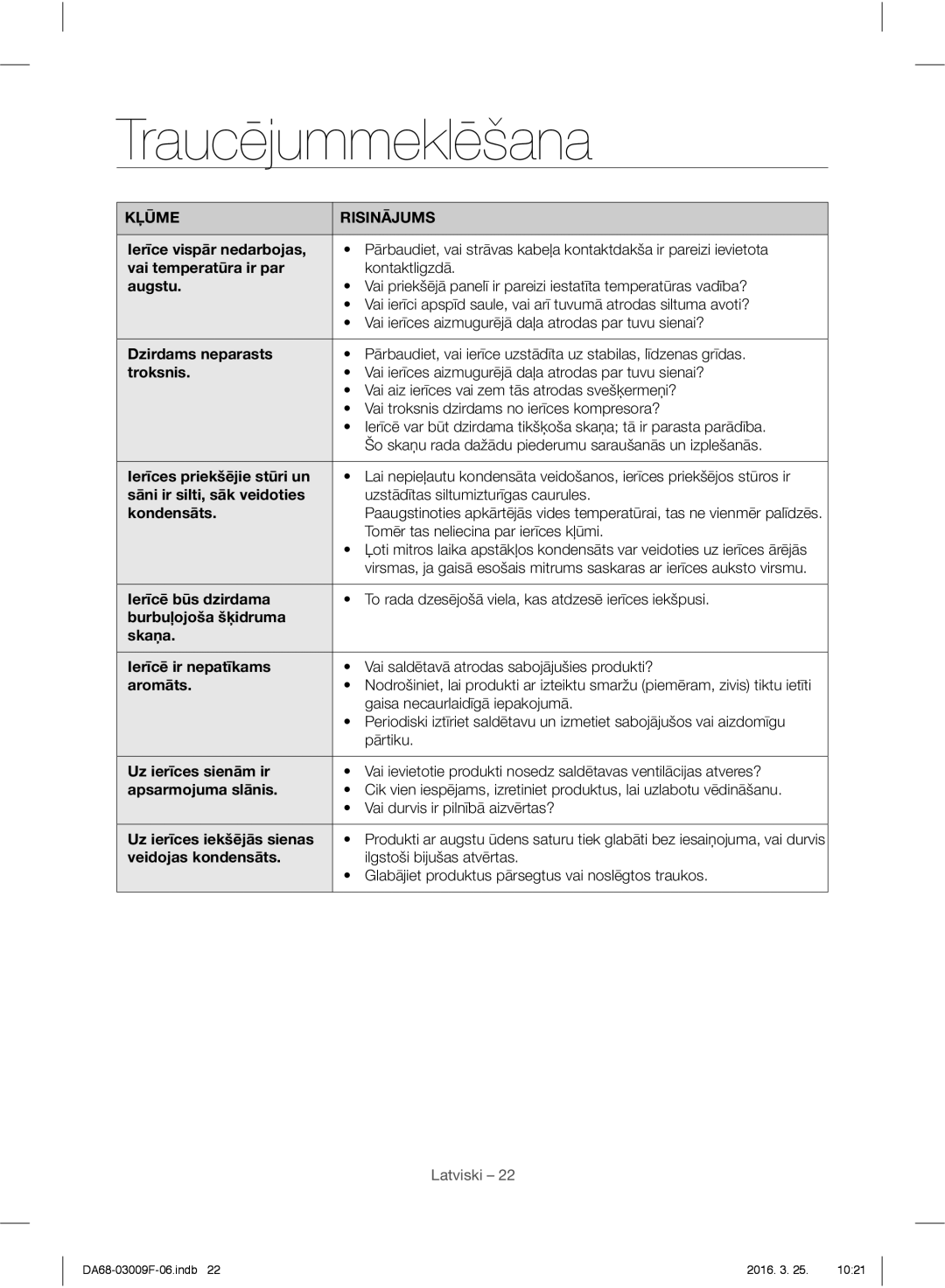 Samsung RZ28H6150SS/EO, RZ28H6165SS/EO, RZ28H6165SS/WS, RZ28H6050SS/EO manual Traucējummeklēšana, Kļūme Risinājums 