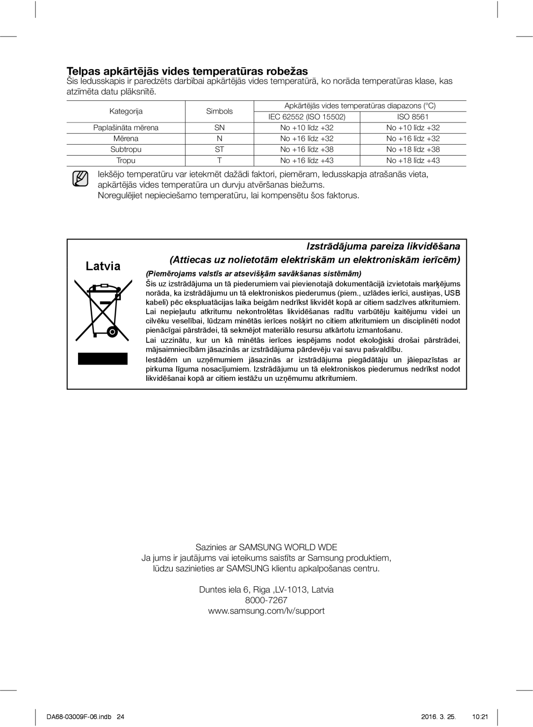 Samsung RZ28H6165SS/EO, RZ28H6165SS/WS, RZ28H6150SS/EO, RZ28H6050SS/EO Latvia, Telpas apkārtējās vides temperatūras robežas 