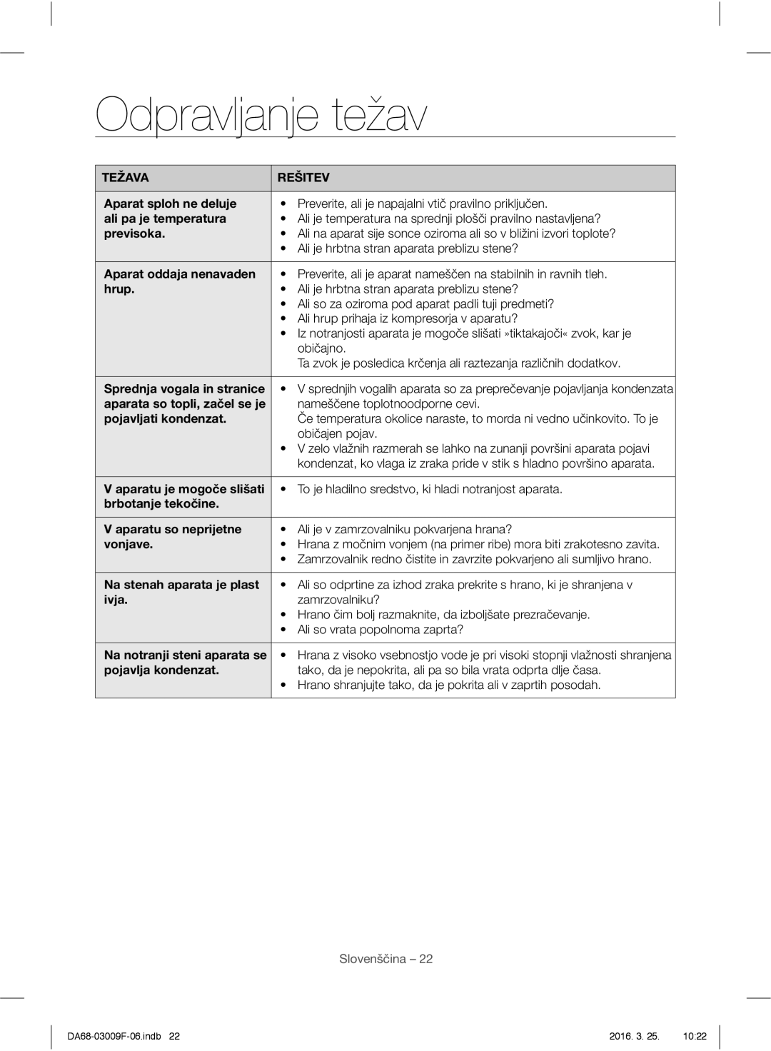 Samsung RZ28H6150SS/EO, RZ28H6165SS/EO, RZ28H6165SS/WS, RZ28H6050SS/EO manual Odpravljanje težav, Težava Rešitev 