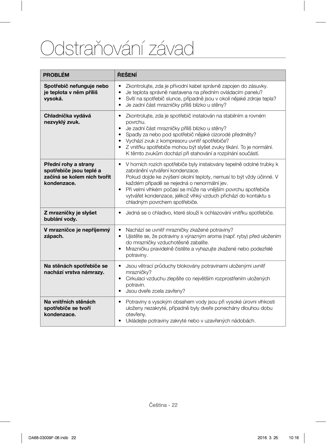 Samsung RZ28H6150SS/EO, RZ28H6165SS/EO, RZ28H6165SS/WS, RZ28H6050SS/EO manual Odstraňování závad, Problém Řešení 