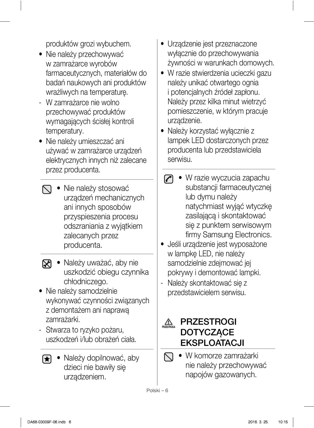 Samsung RZ28H6150SS/EO, RZ28H6165SS/EO manual Dotyczące Eksploatacji, Produktów grozi wybuchem, Rmy Samsung Electronics 