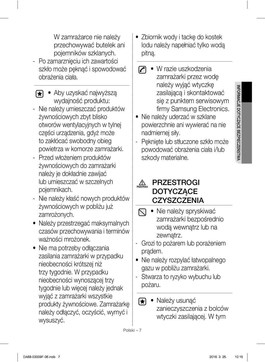 Samsung RZ28H6050SS/EO Dotyczące Czyszczenia, Grozi to pożarem lub porażeniem prądem, Stwarza to ryzyko wybuchu lub pożaru 