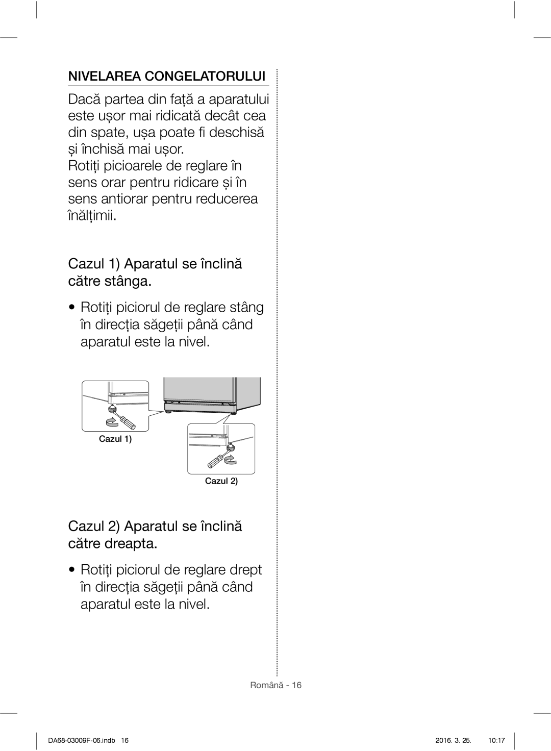 Samsung RZ28H6165SS/EO, RZ28H6165SS/WS, RZ28H6150SS/EO, RZ28H6050SS/EO manual Nivelarea Congelatorului, Cazul 