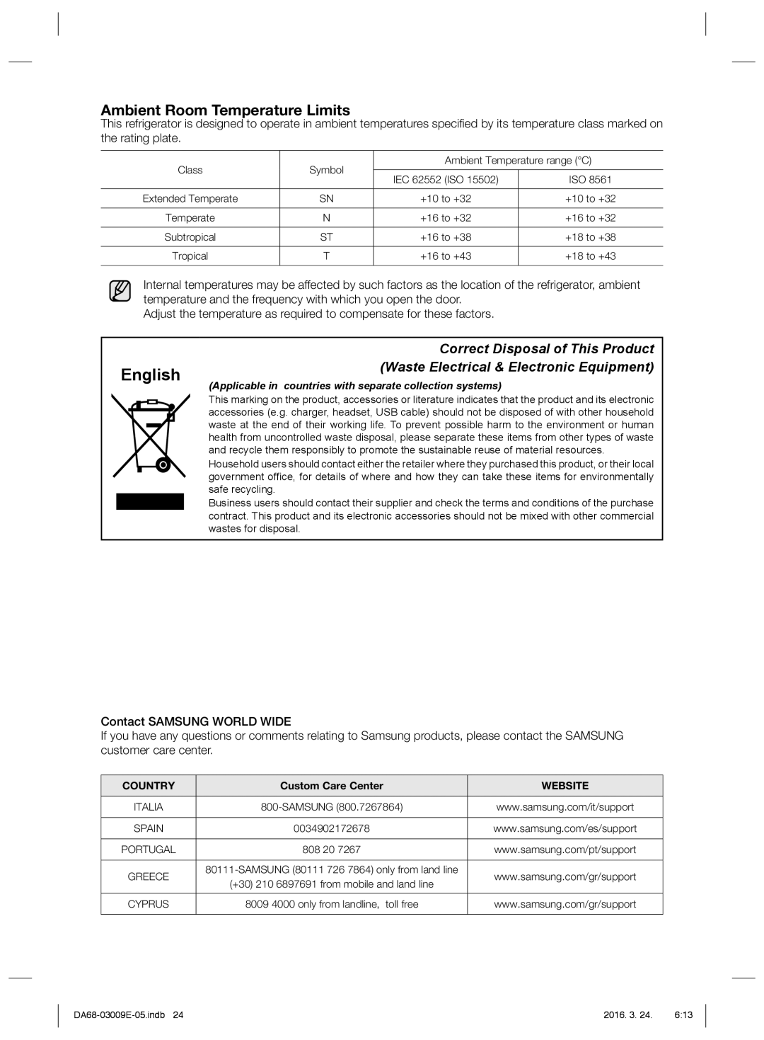 Samsung RZ28H6050SS/ES, RZ28H6165SS/ES, RZ28H6005WW/ES, RZ28H6000WW/ES manual English, Ambient Room Temperature Limits 