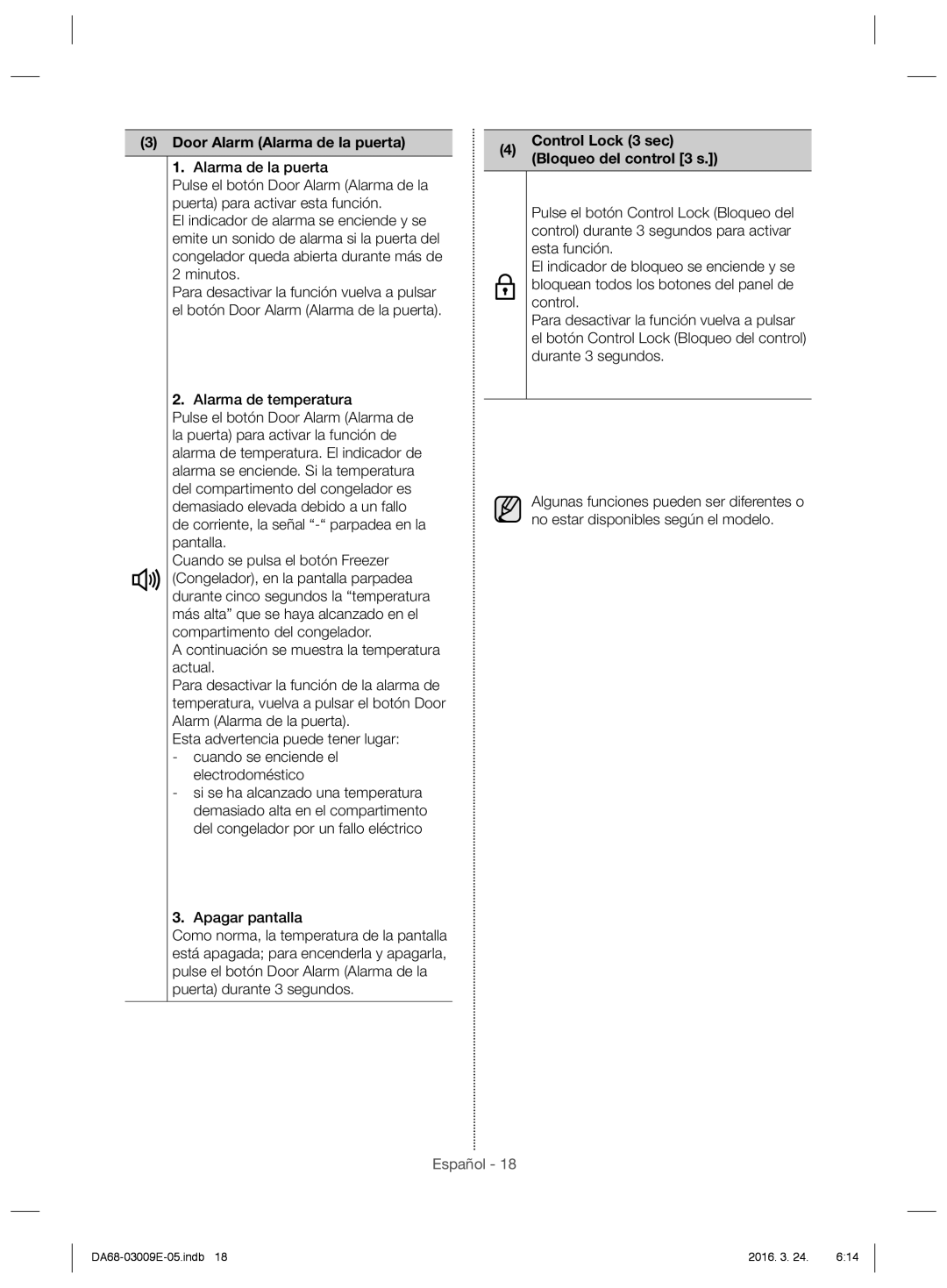 Samsung RZ28H6005WW/ES manual Door Alarm Alarma de la puerta, Apagar pantalla, Control Lock 3 sec Bloqueo del control 3 s 