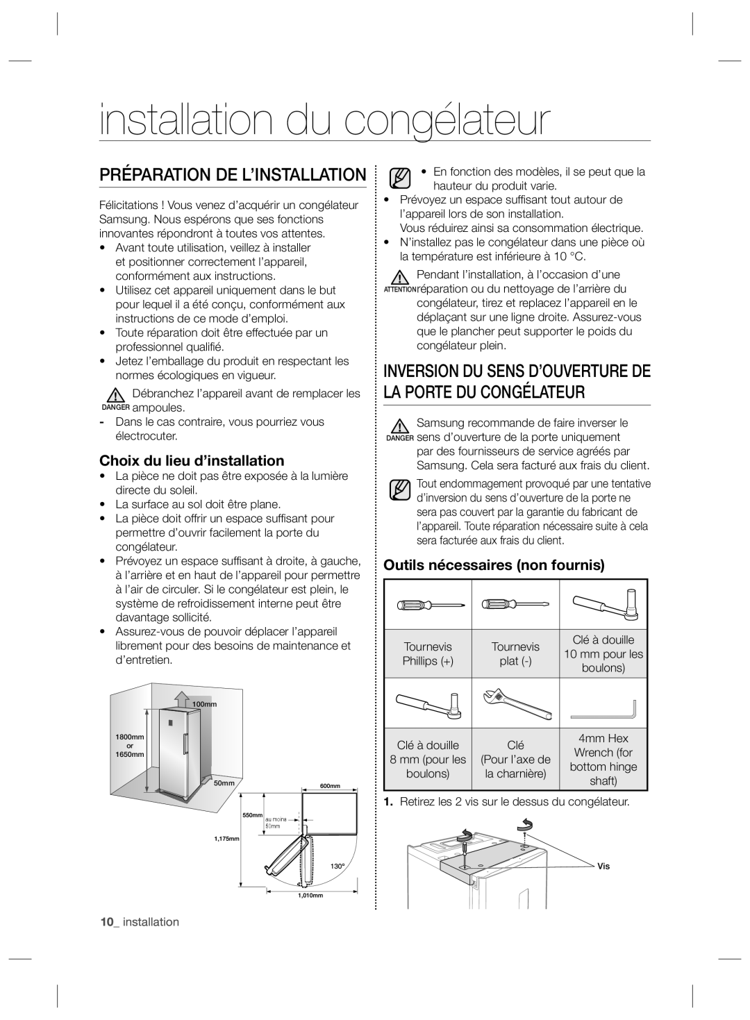 Samsung RZ90HASX1/XEF, RZ90HAWW1/XEF Installation du congélateur, Inversion DU Sens D’OUVERTURE DE LA Porte DU Congélateur 