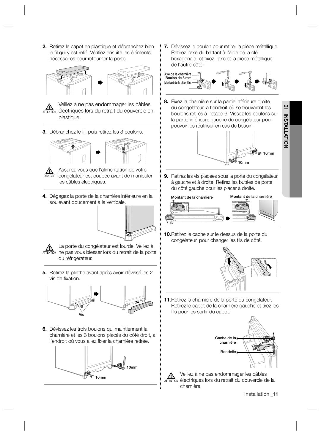 Samsung RZ90HAWW1/XEF manual Débranchez le fil, puis retirez les 3 boulons, La partie inférieure gauche du congélateur pour 