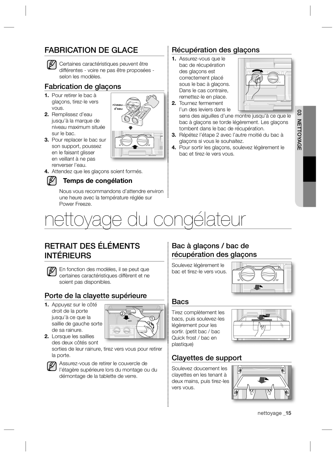 Samsung RZ2993ATCSR/EF, RZ90HASX1/XEF manual Nettoyage du congélateur, Fabrication DE Glace, Retrait DES Éléments Intérieurs 