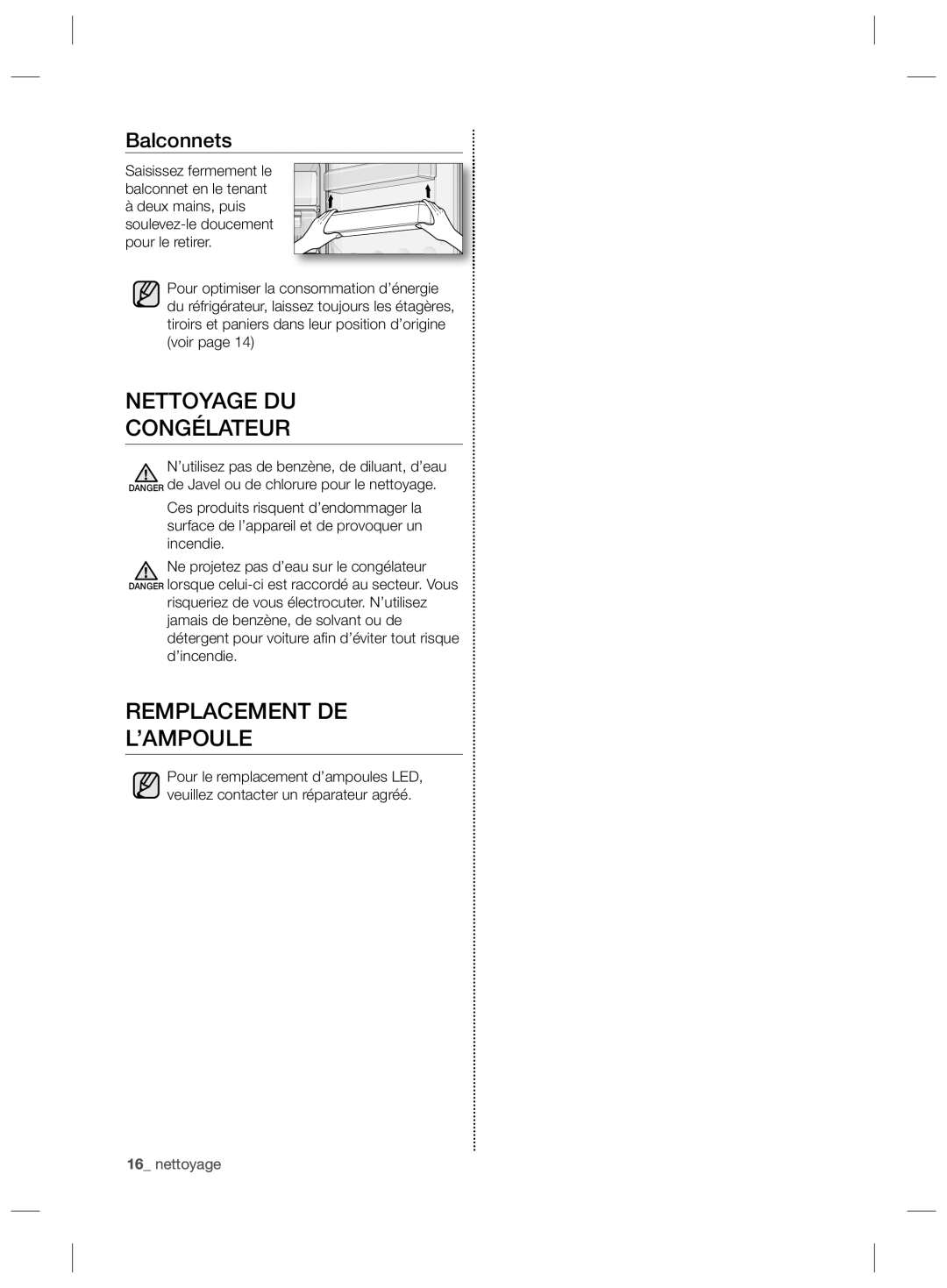 Samsung RZ90HASX1/XEF, RZ2993ATCSR/EF, RZ90HAWW1/XEF manual Nettoyage DU Congélateur, Remplacement DE ’AMPOULE, Balconnets 