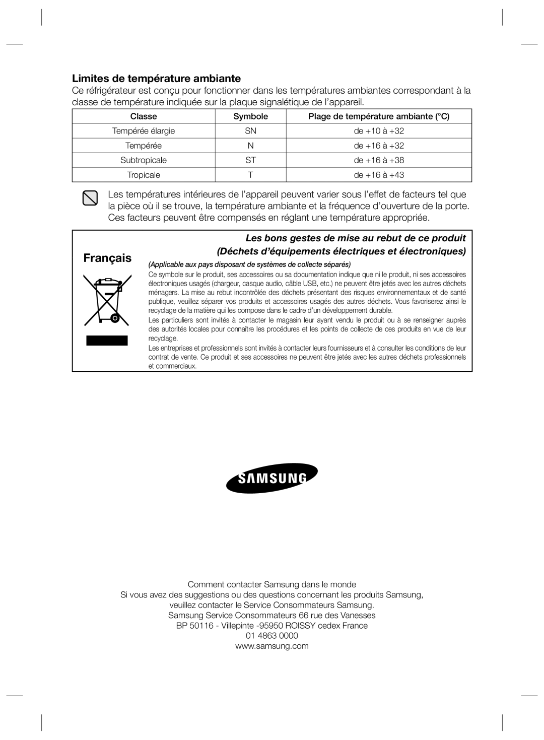 Samsung RZ2993ATCSR/EF, RZ90HASX1/XEF manual Limites de température ambiante, Classe Symbole Plage de température ambiante C 