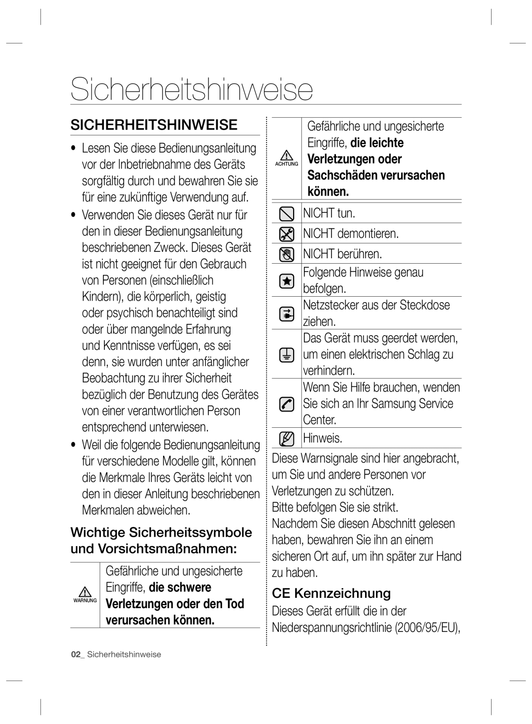 Samsung RZ90HAWW1/XEF, RZ2993ATCSR/EF manual Sicherheitshinweise, Wichtige Sicherheitssymbole und Vorsichtsmaßnahmen 