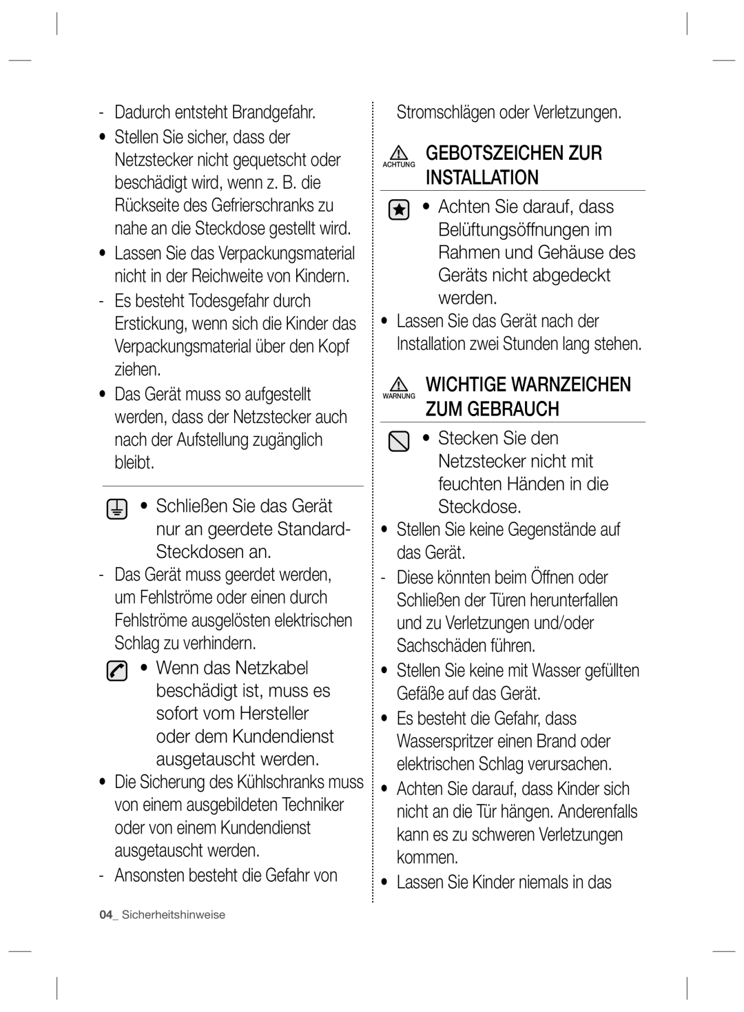 Samsung RZ90HASX1/XEF, RZ2993ATCSR/EF, RZ90HAWW1/XEF Gebotszeichen ZUR, Installation, Wichtige Warnzeichen, ZUM Gebrauch 