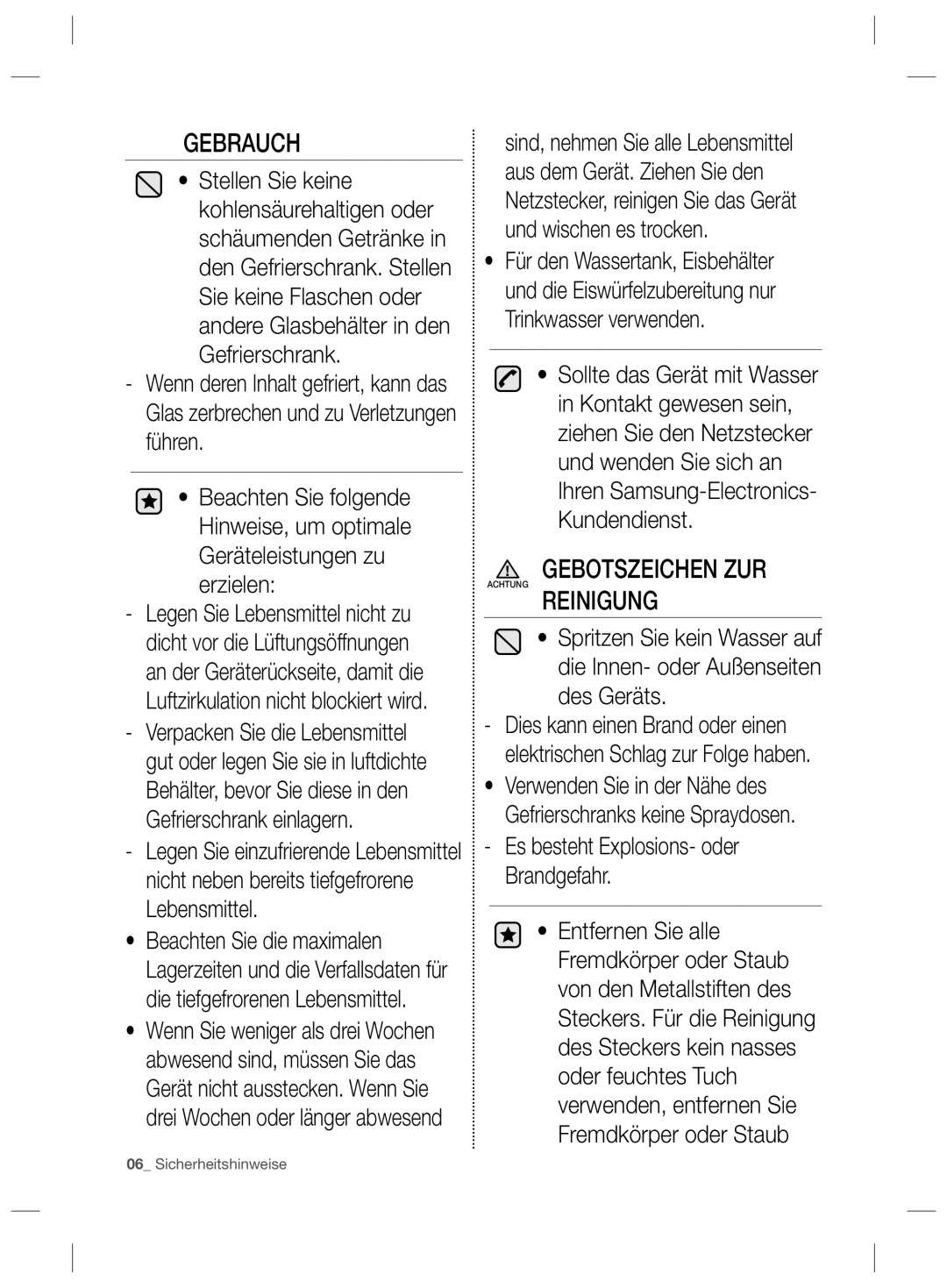 Samsung RZ2993ATCSR/EF, RZ90HASX1/XEF, RZ90HAWW1/XEF manual Gebrauch, Reinigung, Es besteht Explosions- oder Brandgefahr 