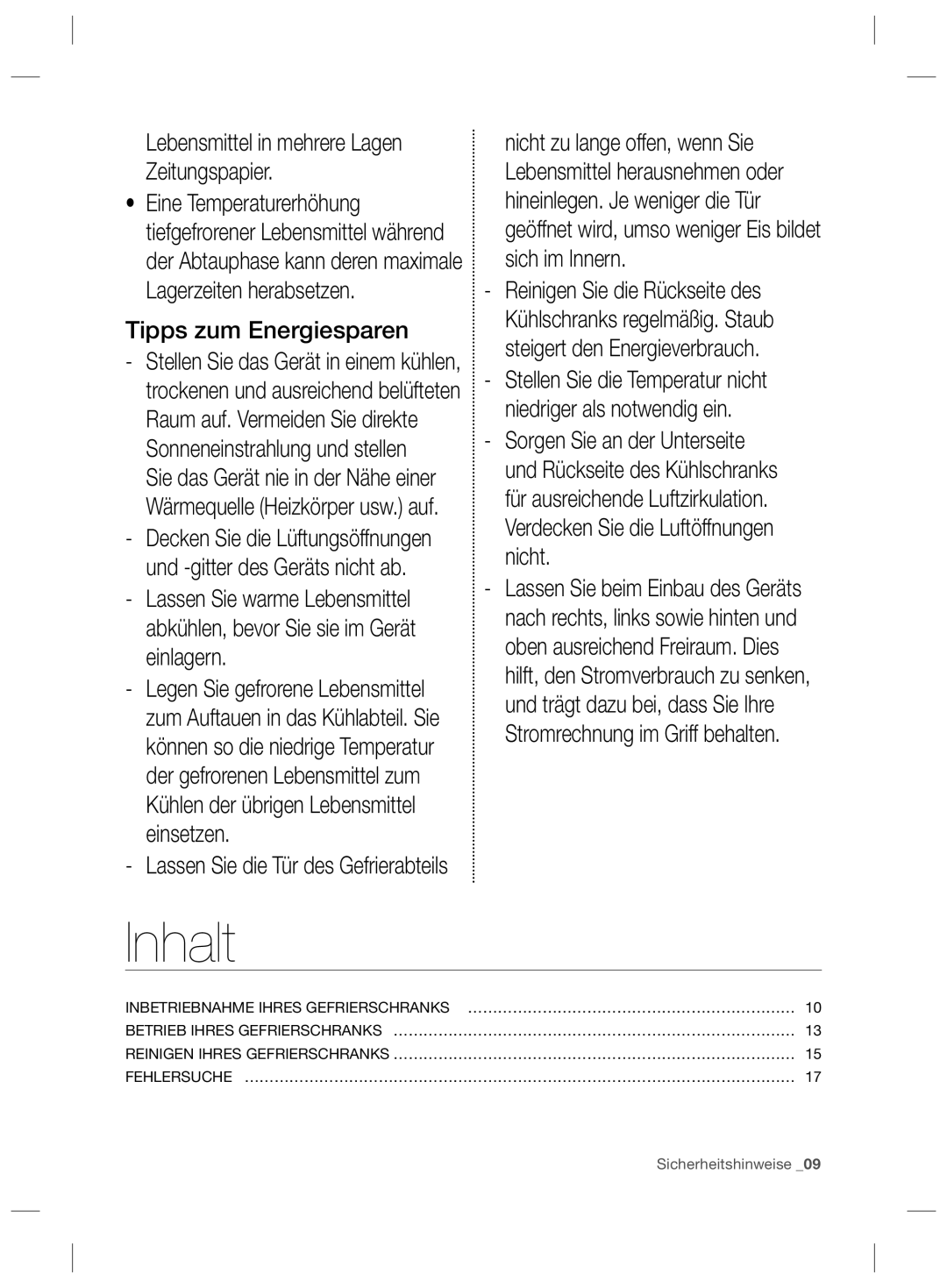 Samsung RZ2993ATCSR/EF, RZ90HASX1/XEF manual Inhalt, Lebensmittel in mehrere Lagen Zeitungspapier, Tipps zum Energiesparen 