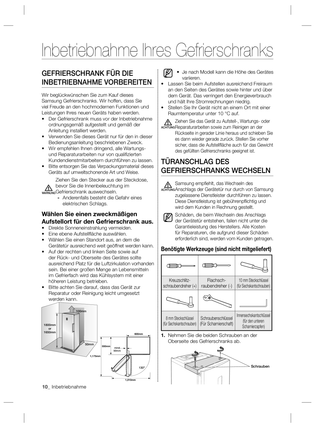 Samsung RZ90HASX1/XEF manual Gefrierschrank FÜR DIE Inbetriebnahme Vorbereiten, Benötigte Werkzeuge sind nicht mitgeliefert 