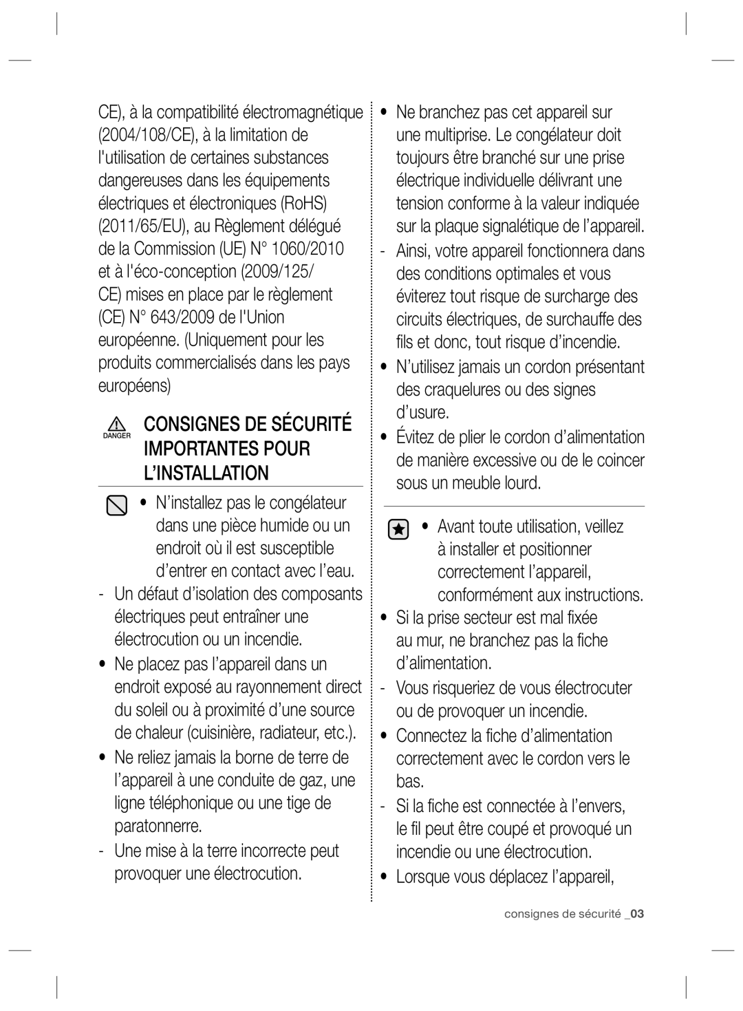 Samsung RZ2993ATCSR/EF Importantes Pour ’INSTALLATION, Avant toute utilisation, veillez, Lorsque vous déplacez l’appareil 