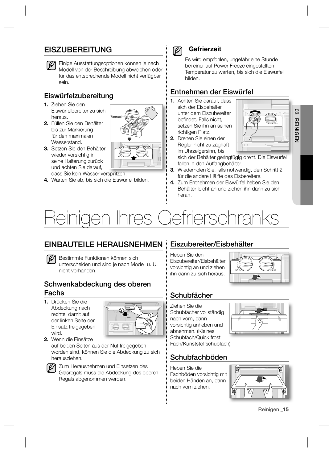 Samsung RZ2993ATCSR/EF, RZ90HASX1/XEF manual Reinigen Ihres Gefrierschranks, Eiszubereitung, Einbauteile Herausnehmen 