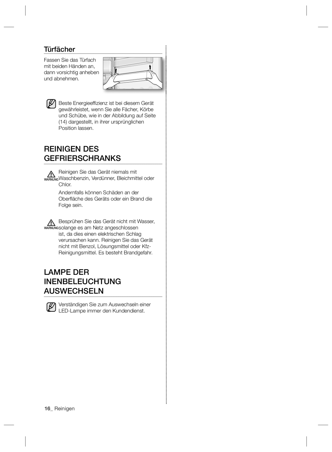 Samsung RZ90HASX1/XEF, RZ2993ATCSR/EF manual Reinigen DES Gefrierschranks, Lampe DER Inenbeleuchtung Auswechseln, Türfächer 