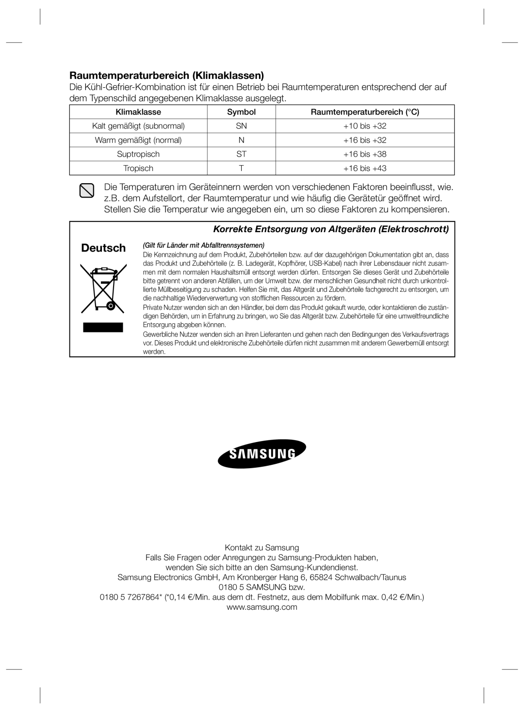 Samsung RZ2993ATCSR/EF, RZ90HASX1/XEF manual Raumtemperaturbereich Klimaklassen, Klimaklasse Symbol Raumtemperaturbereich C 