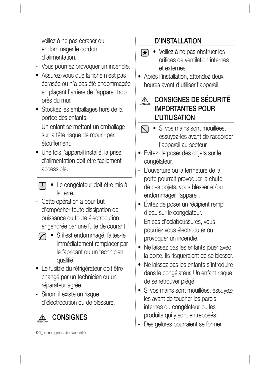 Samsung RZ90HASX1/XEF, RZ2993ATCSR/EF manual Consignes ’INSTALLATION, Consignes DE Sécurité Importantes Pour ’UTILISATION 