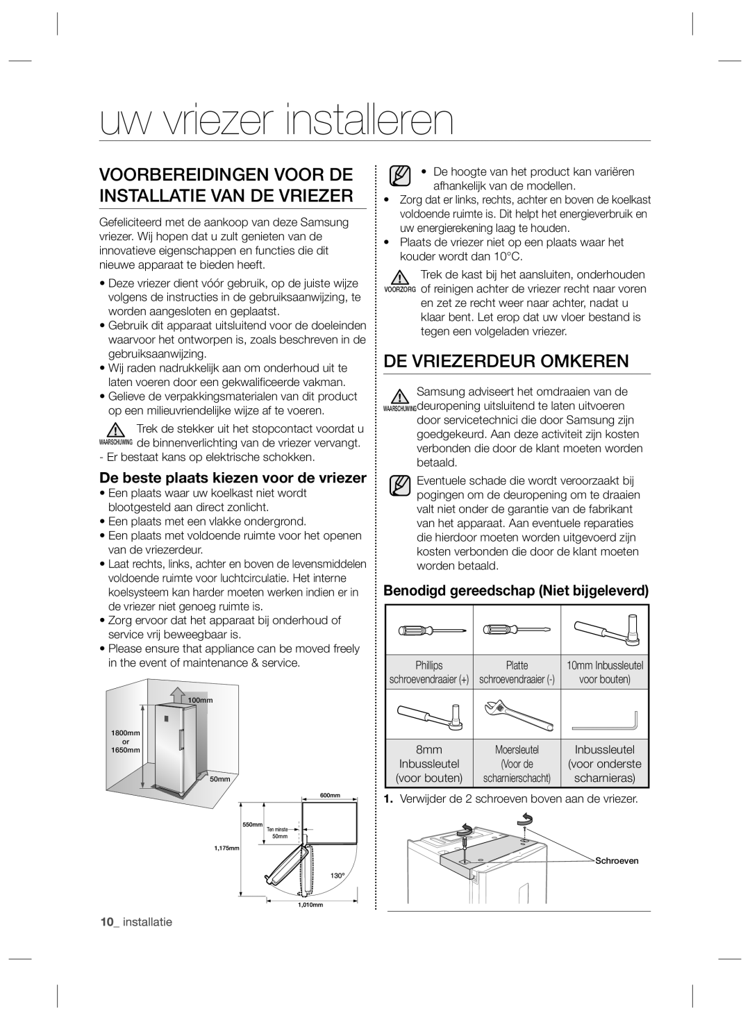 Samsung RZ90HASX1/XEF manual Uw vriezer installeren, DE Vriezerdeur Omkeren, De beste plaats kiezen voor de vriezer 