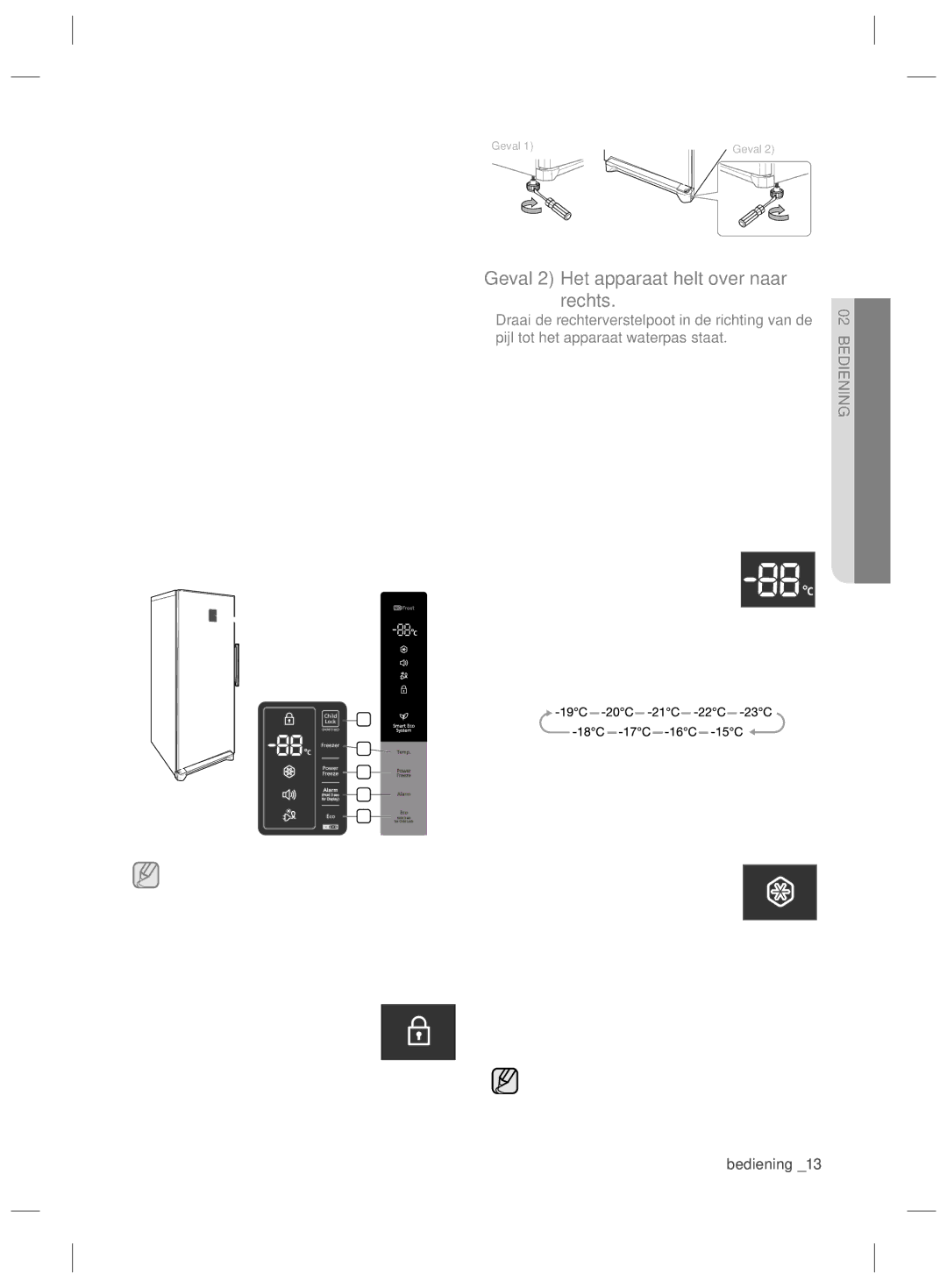 Samsung RZ90HASX1/XEF Uw vriezer bedienen, DE Vriezer Waterpas Zetten, Child Lock Type a, Freezer Type a / Temp Type B 