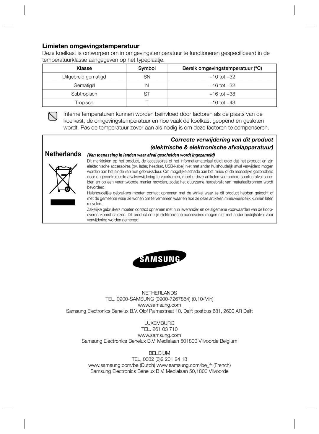 Samsung RZ2993ATCSR/EF, RZ90HASX1/XEF manual Limieten omgevingstemperatuur, Klasse Symbol Bereik omgevingstemperatuur C 