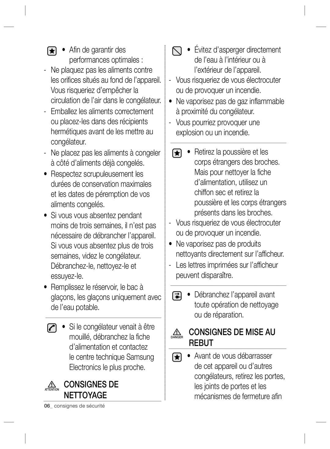 Samsung RZ2993ATCSR/EF Consignes DE Nettoyage, Consignes DE Mise AU Rebut, Aﬁ n de garantir des performances optimales 