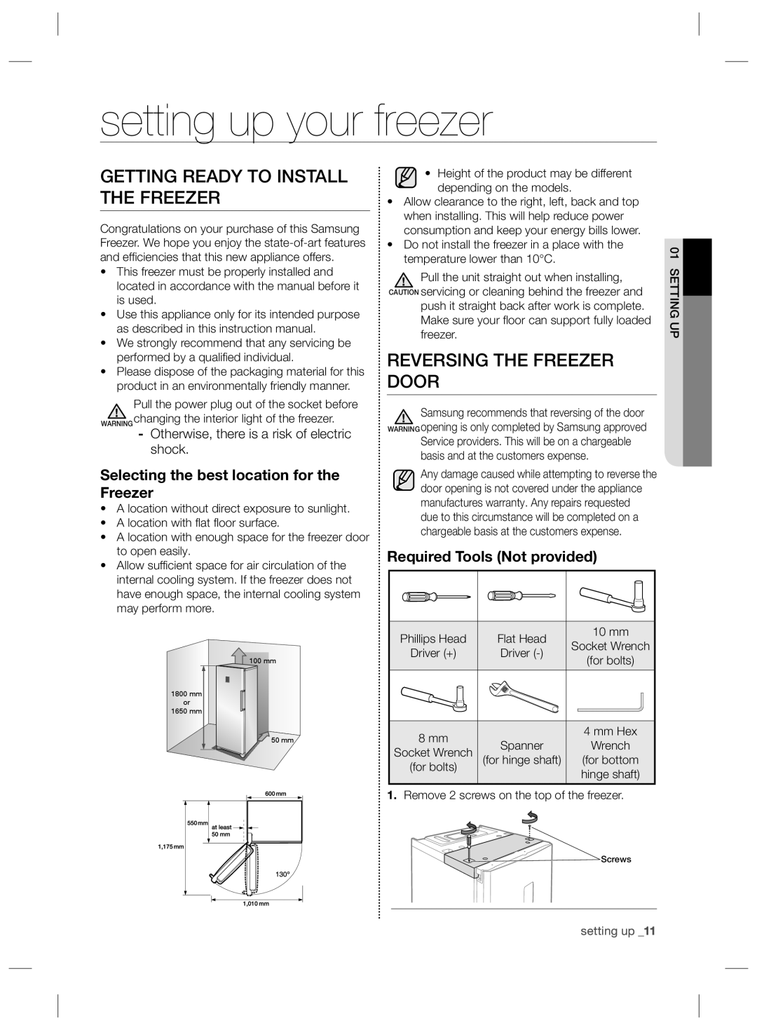 Samsung RZ2993ATCWW/ES manual Setting up your freezer, Getting Ready to Install the Freezer, Reversing the Freezer Door 