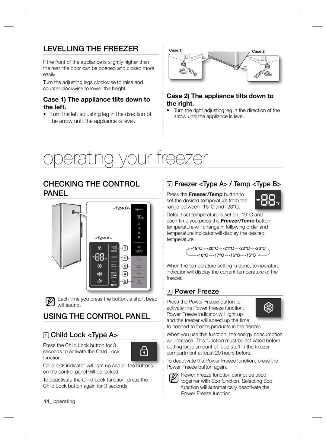 Samsung RZ2993ATCWW/ES Operating your freezer, Levelling the Freezer, Checking the Control Panel, Using the Control Panel 