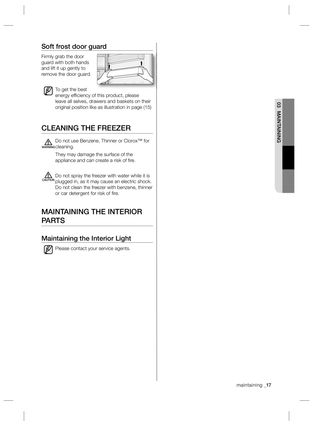 Samsung RZ2993ATCWW/ES, RZ2993ATCWW/EF manual Cleaning the Freezer, Maintaining the Interior Parts, Soft frost door guard 