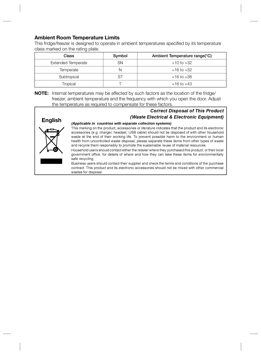 Samsung RZ2993ATCWW/ES, RZ2993ATCWW/EF manual Ambient Room Temperature Limits, Class Symbol Ambient Temperature rangeC 