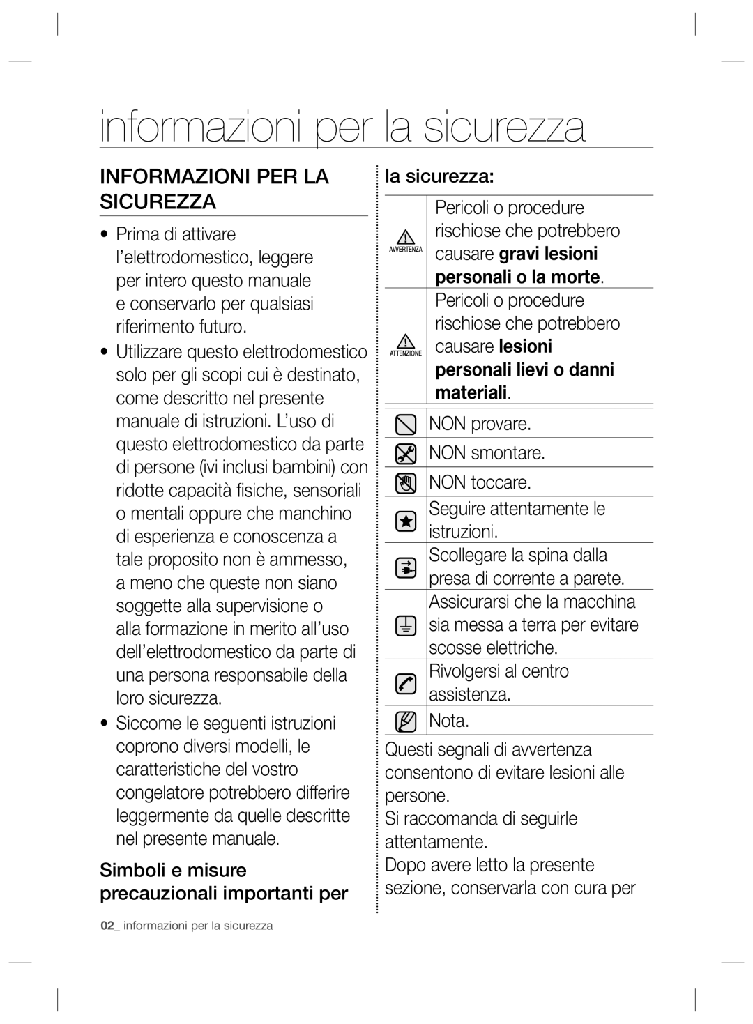 Samsung RZ2993ATCSR/ES, RZ2993ATCWW/EF manual Informazioni per la sicurezza, Informazioni PER LA Sicurezza, Causare lesioni 