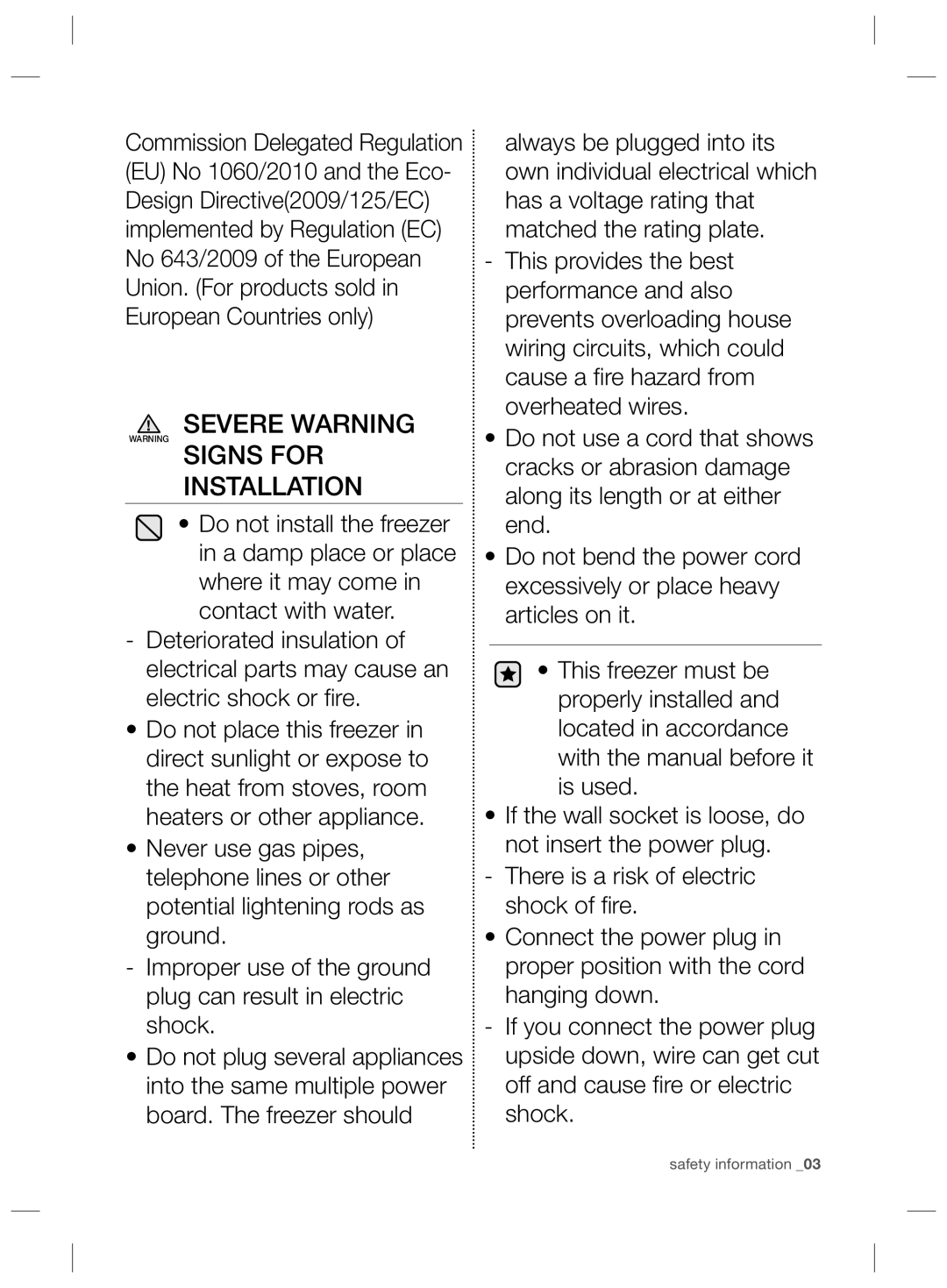 Samsung RZ2993ATCWW/EF, RZ2993ATCSR/ES, RZ2993ATCWW/ES manual Severe Warning Signs for Installation 