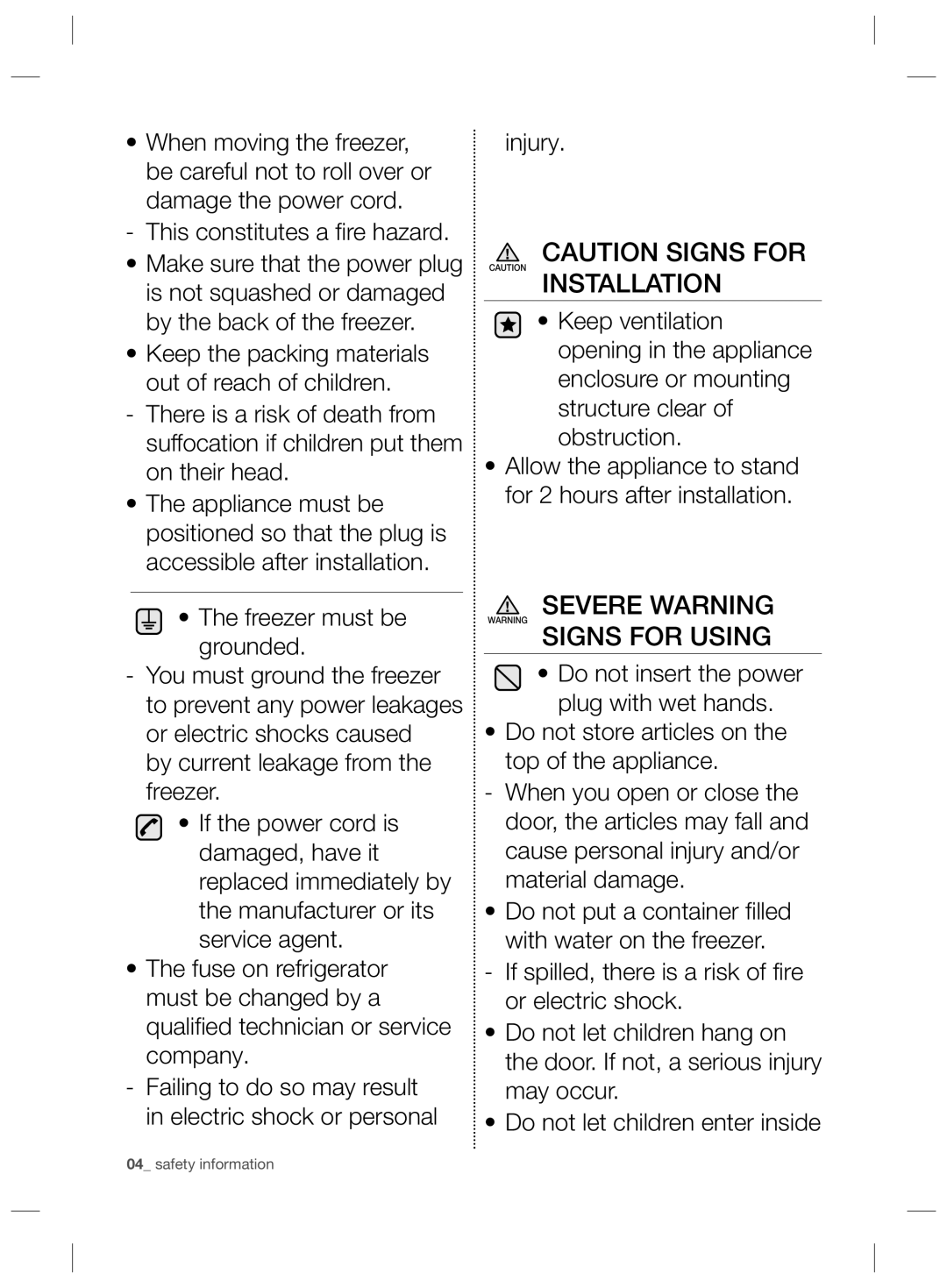 Samsung RZ2993ATCSR/ES, RZ2993ATCWW/EF, RZ2993ATCWW/ES manual Severe Warning Signs for Using 