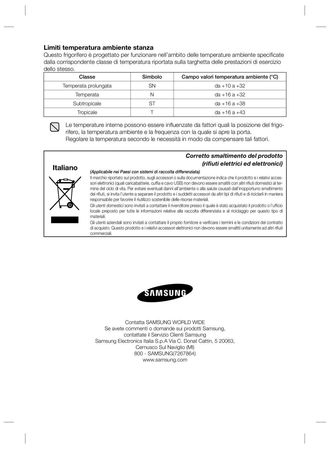 Samsung RZ2993ATCSR/ES manual Limiti temperatura ambiente stanza, Classe Simbolo Campo valori temperatura ambiente C 