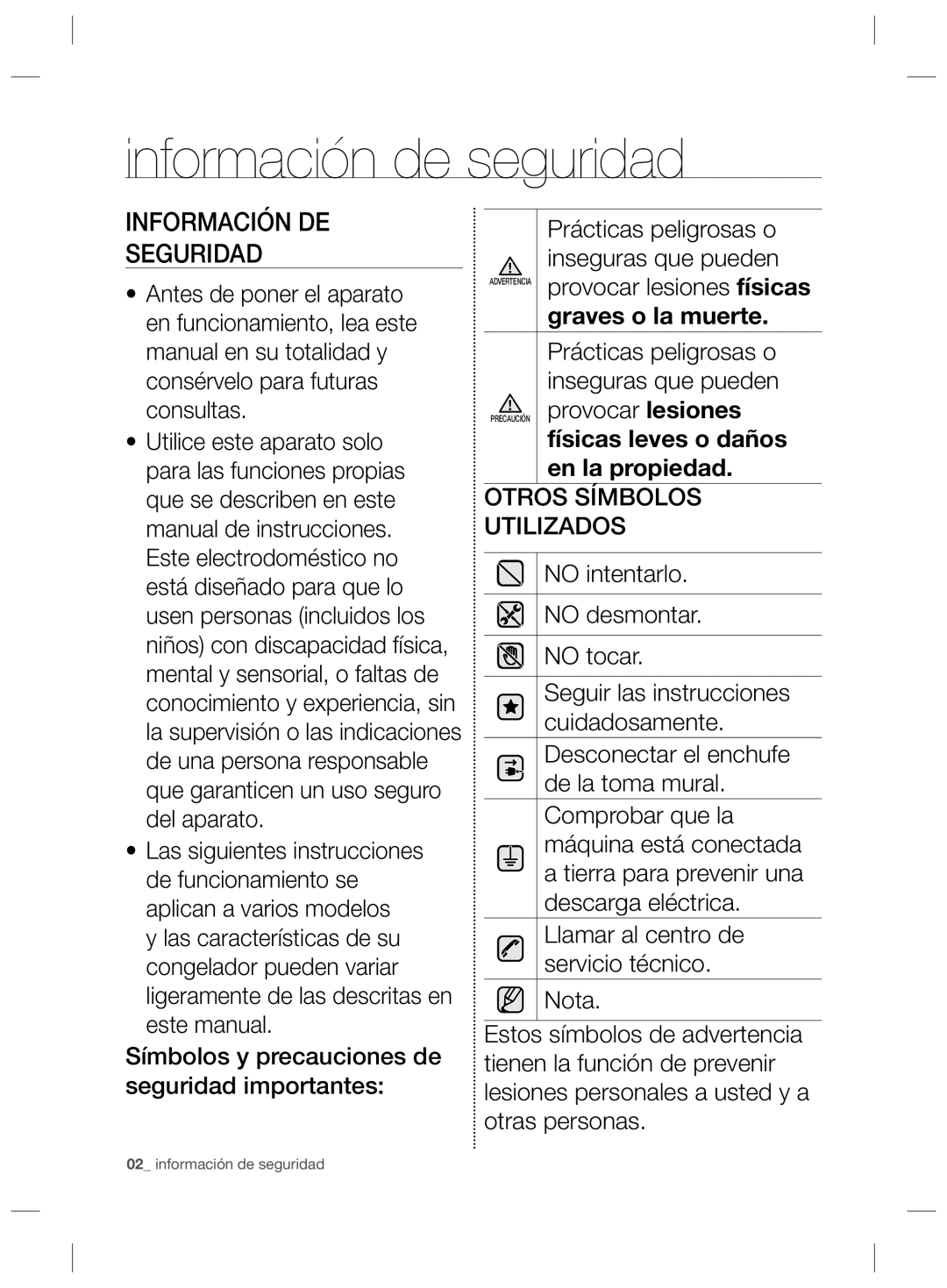 Samsung RZ2993ATCWW/EF Información de seguridad, Información DE Seguridad, Prácticas peligrosas o inseguras que pueden 