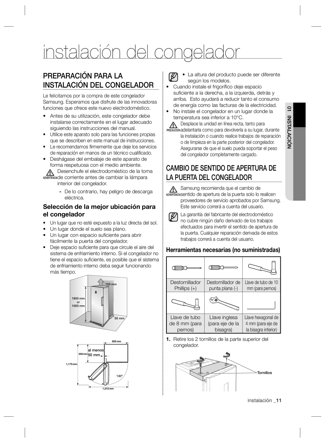 Samsung RZ2993ATCWW/EF, RZ2993ATCSR/ES manual Instalación del congelador, Selección de la mejor ubicación para el congelador 