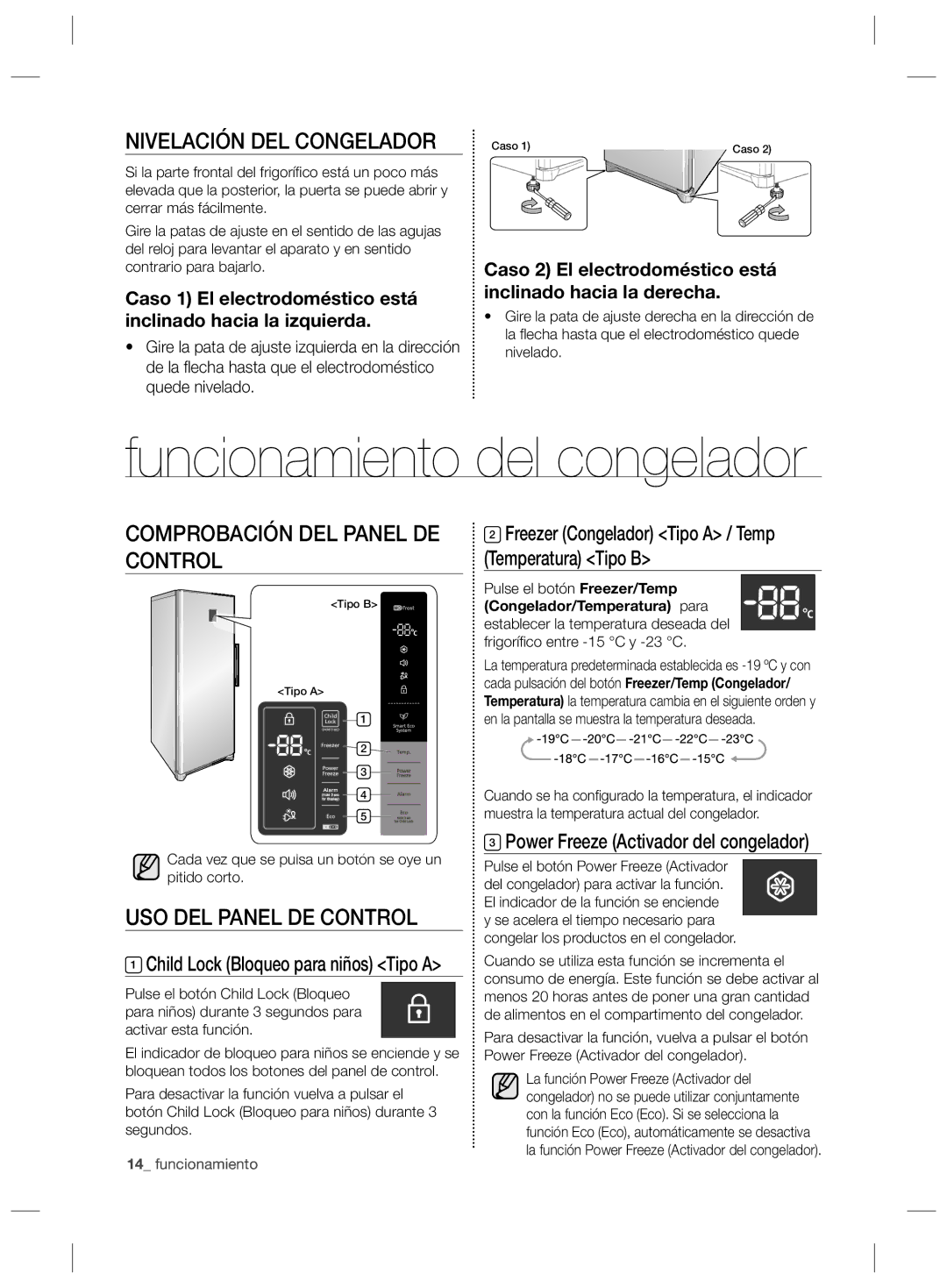 Samsung RZ2993ATCWW/EF manual Funcionamiento del congelador, Nivelación DEL Congelador, Comprobación DEL Panel DE Control 