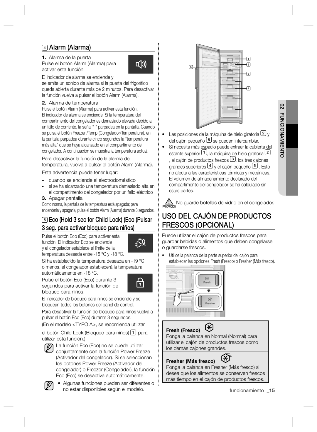 Samsung RZ2993ATCSR/ES Alarm Alarma, Alarma de temperatura, Apagar pantalla, Pulse el botón Eco Eco para activar esta 