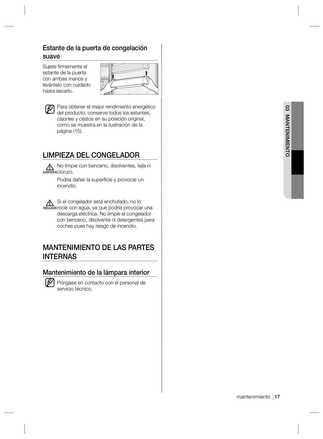 Samsung RZ2993ATCWW/EF Limpieza DEL Congelador, Mantenimiento DE LAS Partes Internas, Mantenimiento de la lámpara interior 