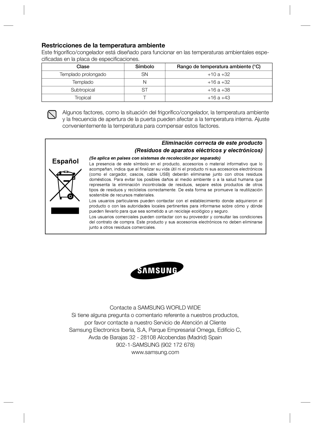 Samsung RZ2993ATCWW/EF manual Restricciones de la temperatura ambiente, Clase Símbolo Rango de temperatura ambiente C 