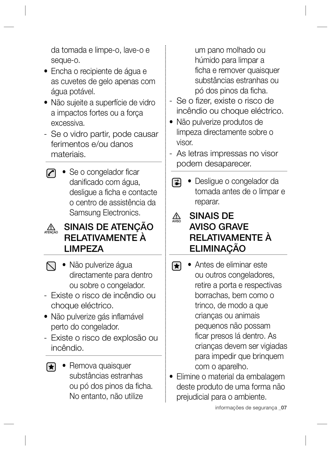 Samsung RZ2993ATCSR/ES, RZ2993ATCWW/EF, RZ2993ATCWW/ES manual Relativamente À Limpeza, Aviso Grave Relativamente À Eliminação 