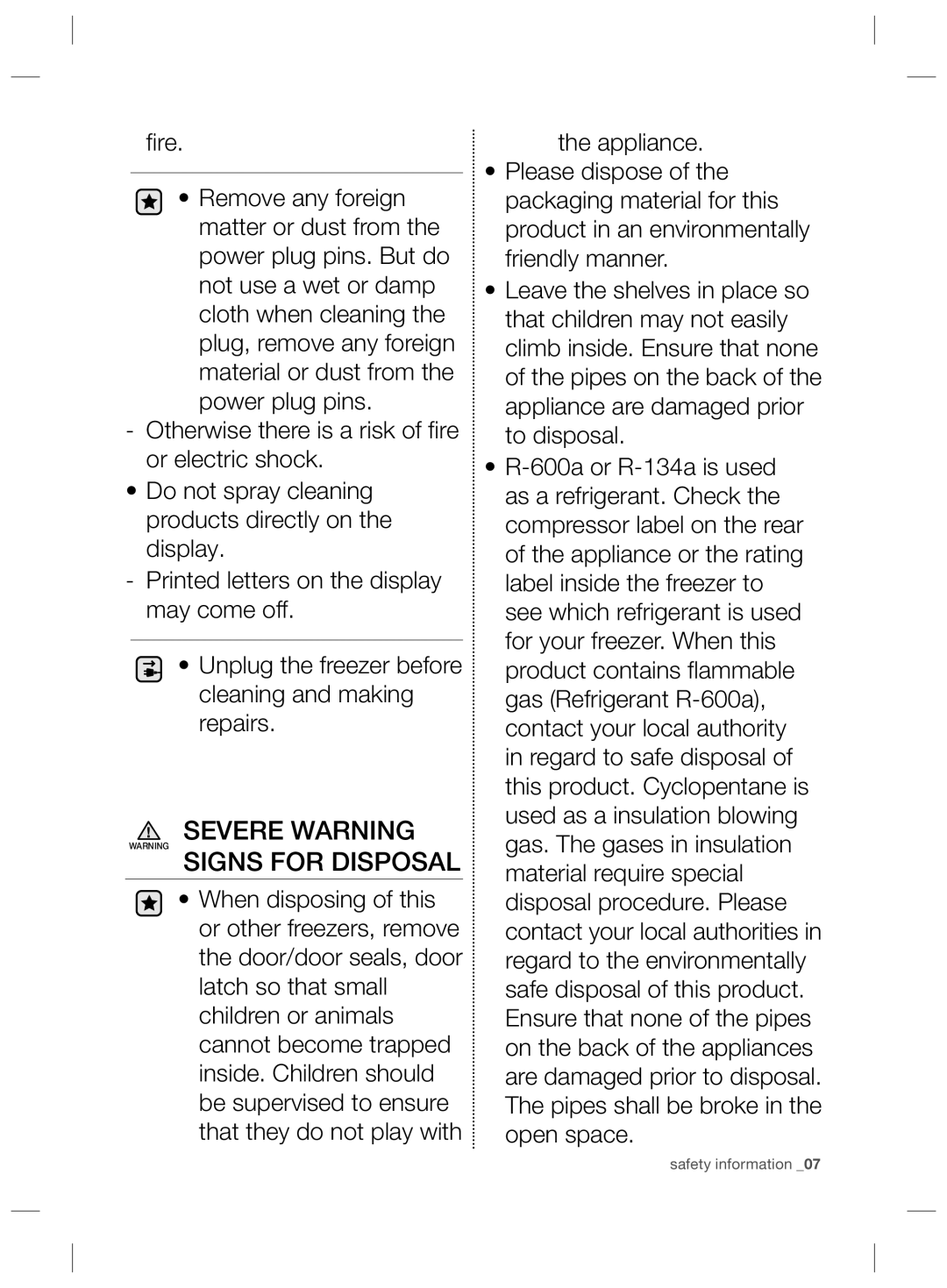 Samsung RZ2993ATCSR/ES, RZ2993ATCWW/EF, RZ2993ATCWW/ES manual Severe Warning Signs for Disposal, Fire 