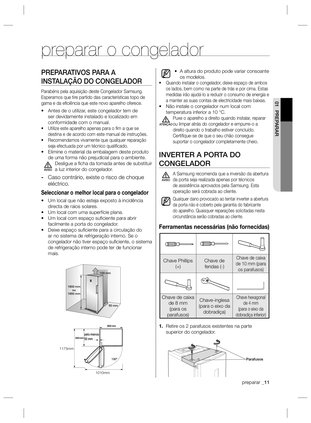 Samsung RZ2993ATCWW/ES manual Preparar o congelador, Inverter a Porta do Congelador, Ferramentas necessárias não fornecidas 