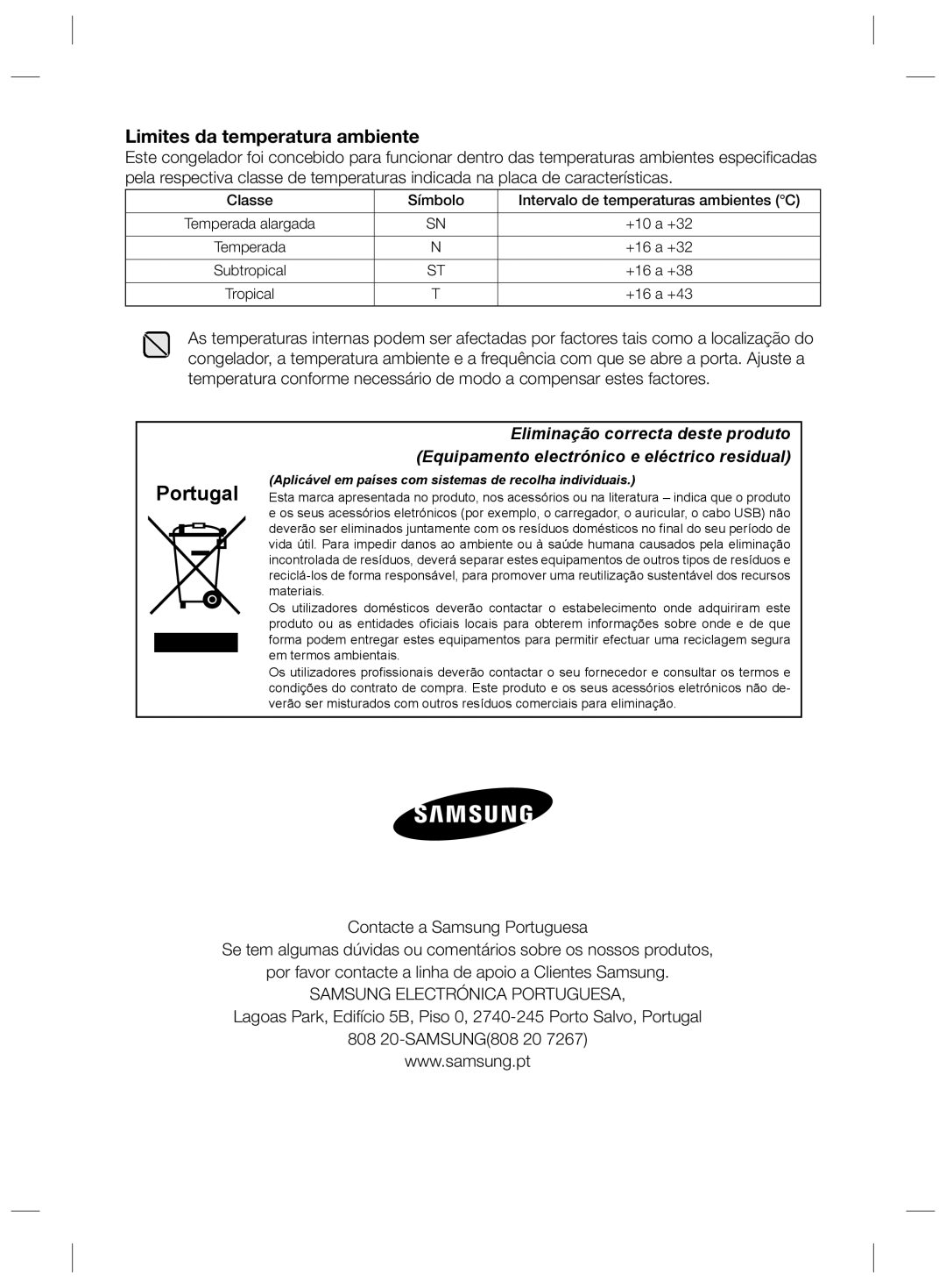 Samsung RZ2993ATCWW/ES manual Limites da temperatura ambiente, Classe Símbolo Intervalo de temperaturas ambientes C 