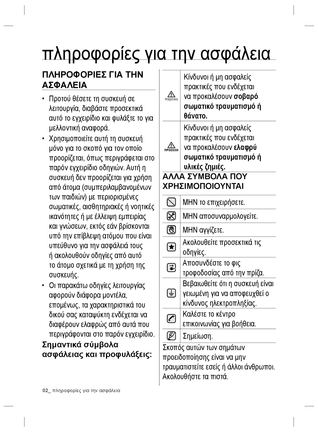 Samsung RZ2993ATCSR/ES, RZ2993ATCWW/EF, RZ2993ATCWW/ES manual Πληροφορίες για την ασφάλεια 