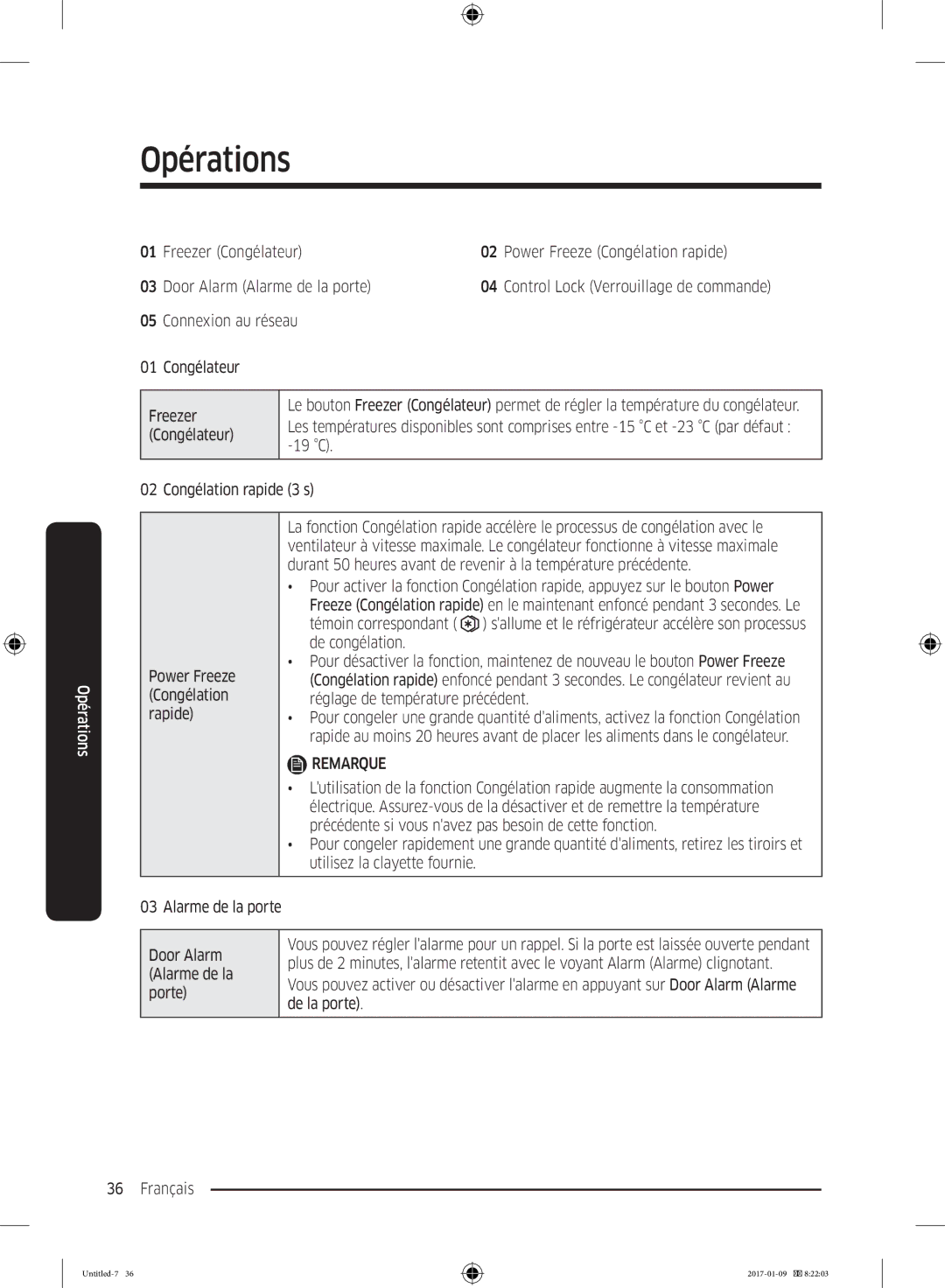 Samsung RZ32M7000SA/EF manual Connexion au réseau Congélateur Freezer, 19 C, Congélation rapide 3 s, Alarme de la, Porte 