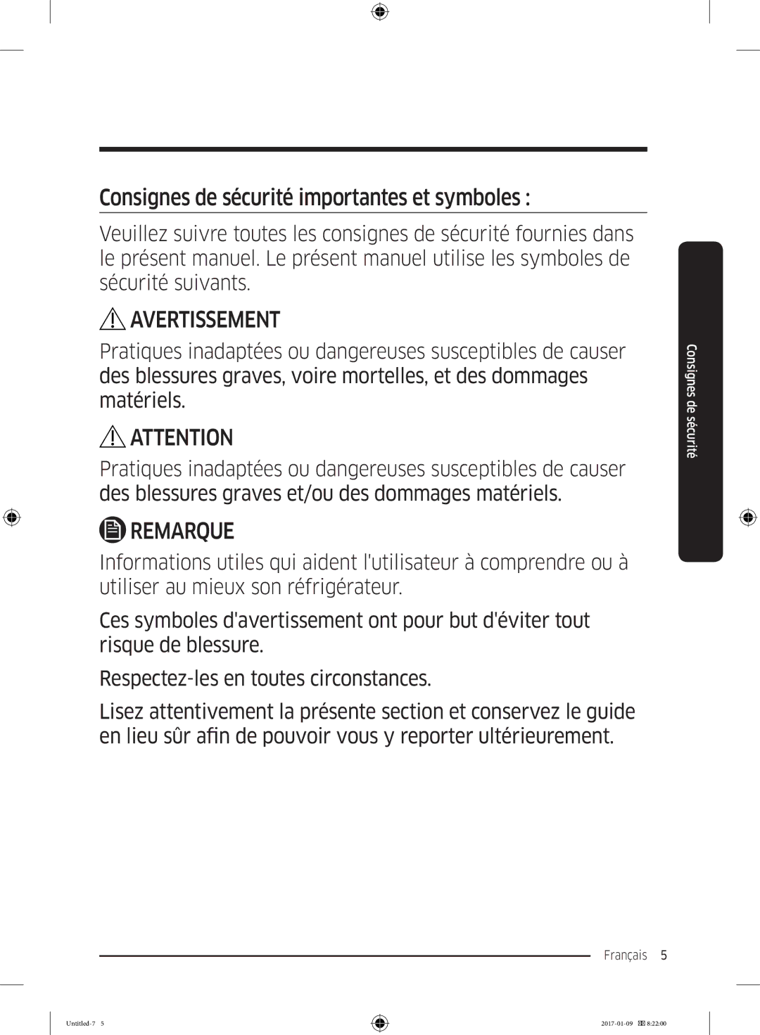 Samsung RZ32M7000SA/EF manual Avertissement 